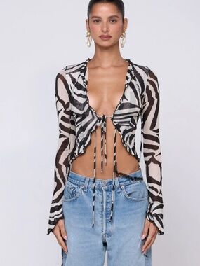 RESA Black & White Zebra-Print Tie-Front Crop Top
